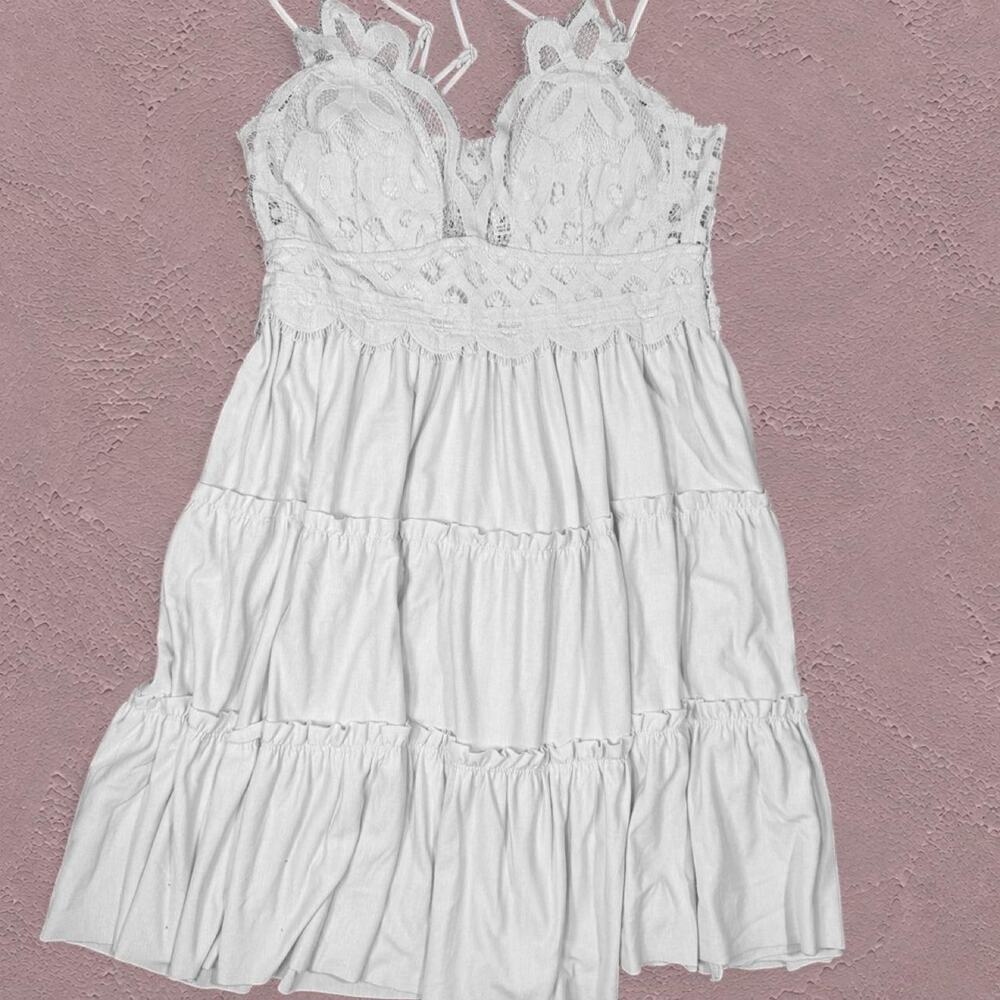 Zenana white lace tiered mini dress